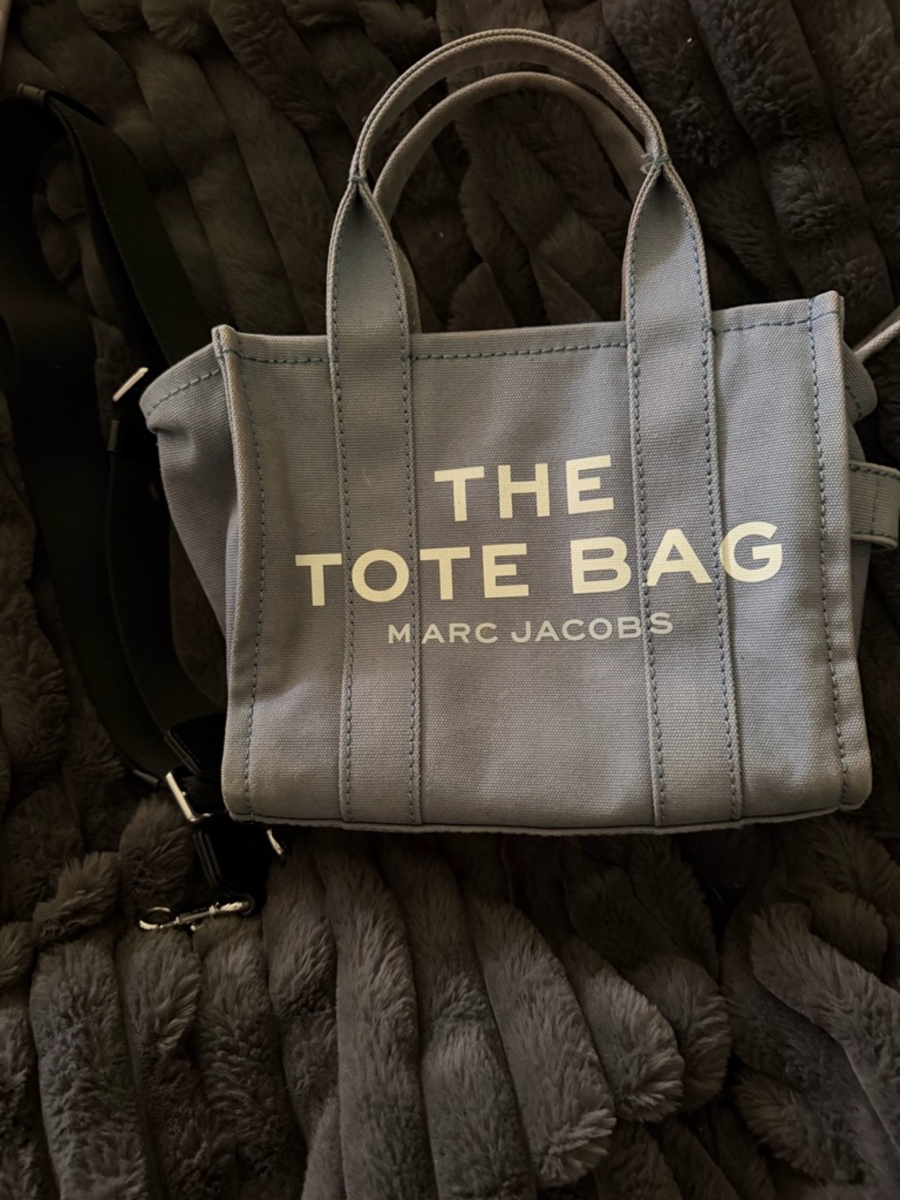 Marc Jacobs Shadow Blue Canvas Tote with Bold Logo and Crossbody Strap